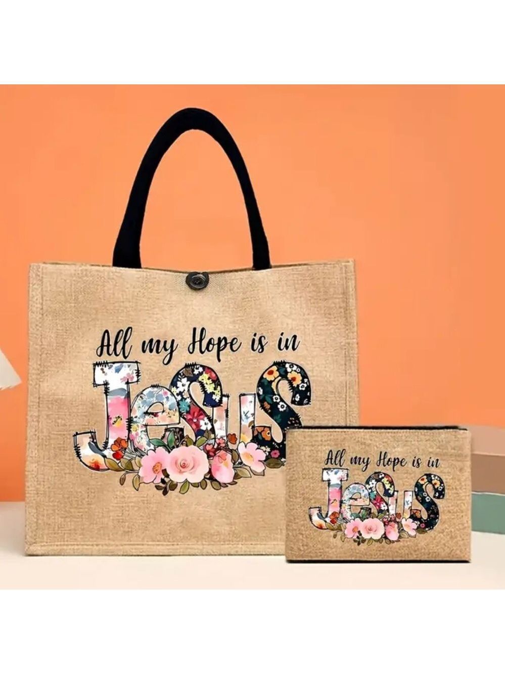 "All My Hope Is In Jesus" Floral Tote Bag & Pouch Set - Inspirational Design